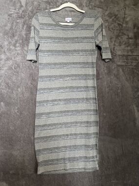 🤍 LuLaRoe Julia Women's Pencil Sheath Dress Gray Blue Striped Stretch Small